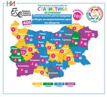 Карта на регистрираните отбори за националния кръг на Петата европейска олимпиада за ученици по области